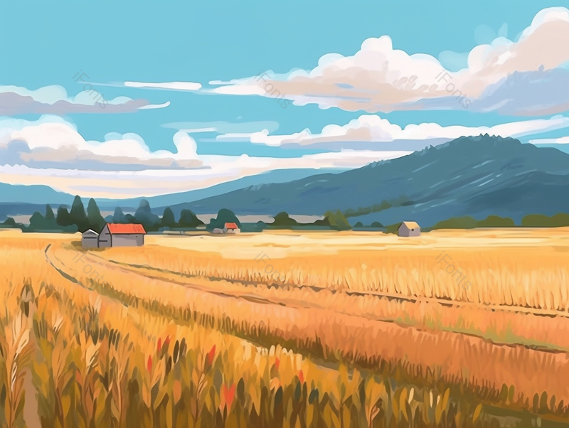 秋季乡村田园金黄麦田水稻丰收手绘插画背景,插画/手绘图,插画/手绘图库,插画/手绘图下载,插画/手绘